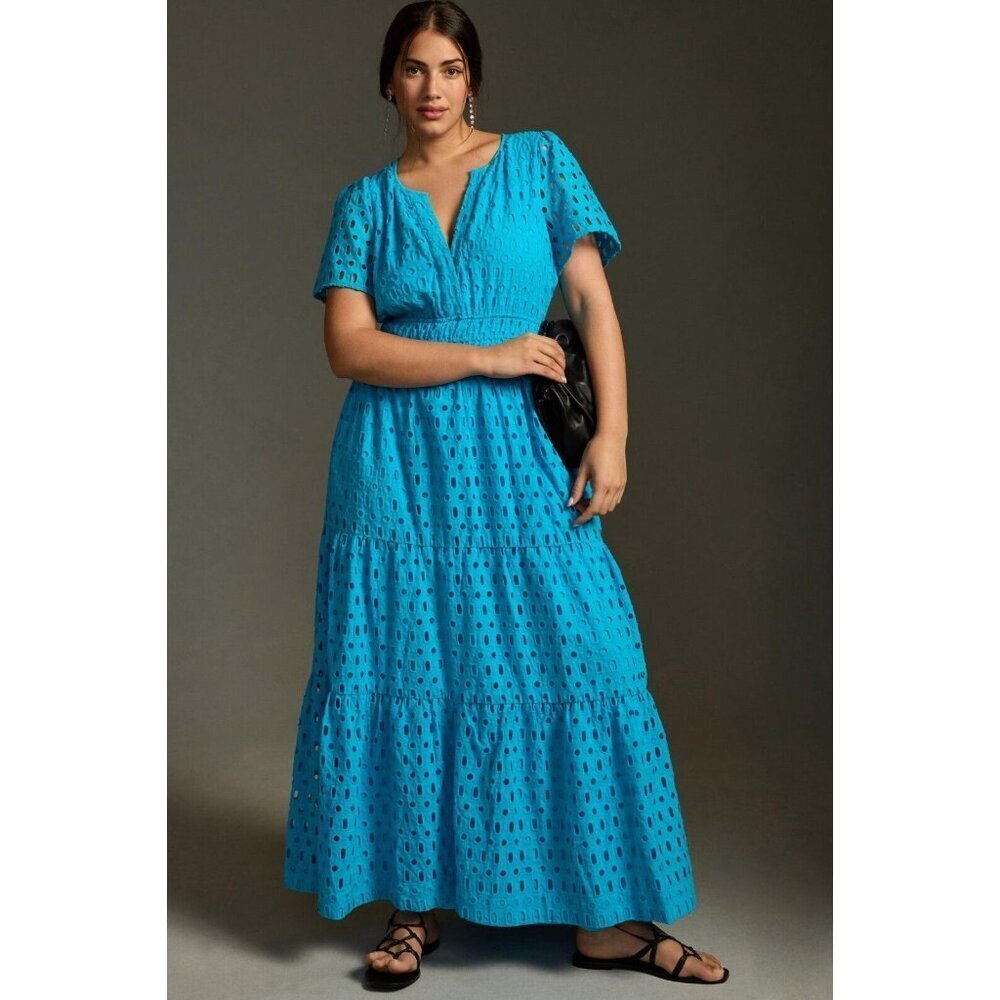 NWT by Anthropologie Somerset Maxi in Blue Eyelet Edition Tiered Dress XS